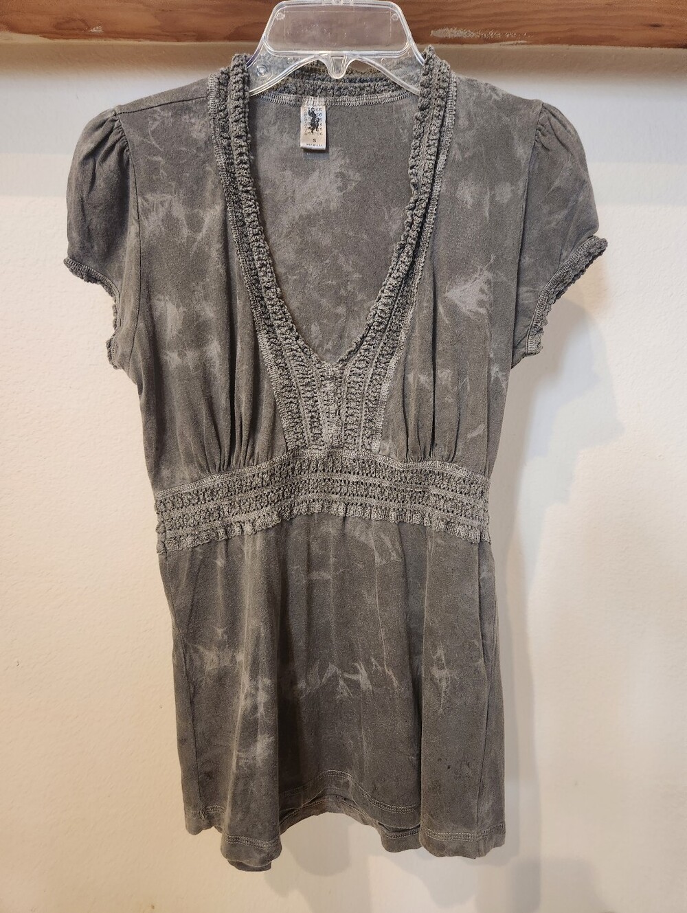 Anthropologie, Yemee Brand Boho Gray Crochet-Trim V-Neck Top